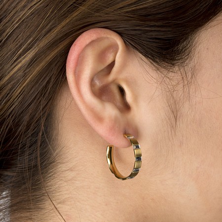Yellow gold plated Steel Hoops with Baguette Czs - Click Image to Close
